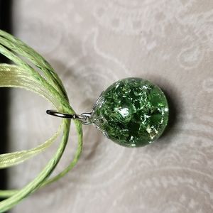 NEW! Green cracked marble pendant on a ribbon necklace. Handmade
